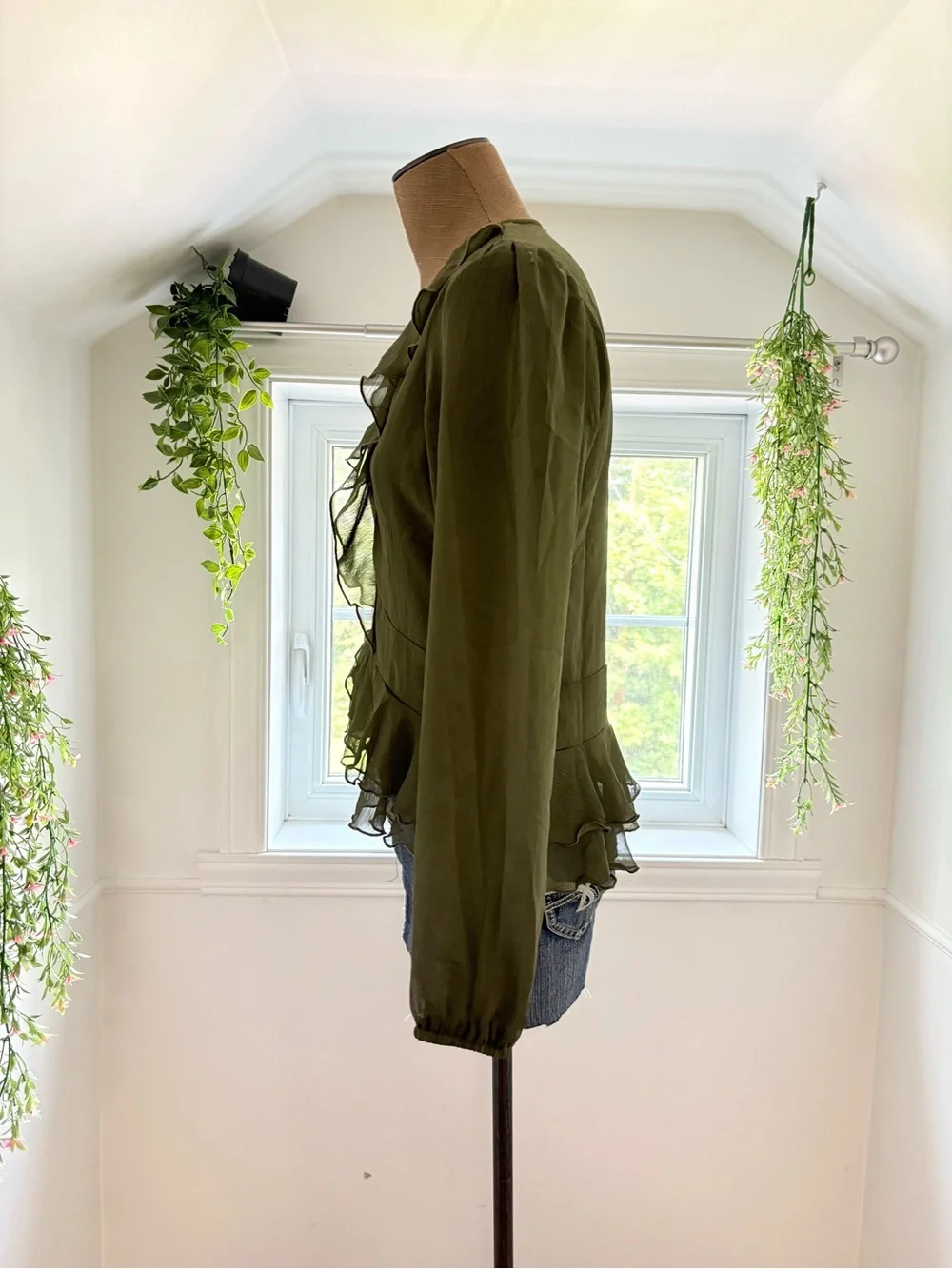 Olive Green Ruffle Blouse - Women Tops - Picture 2 of 6